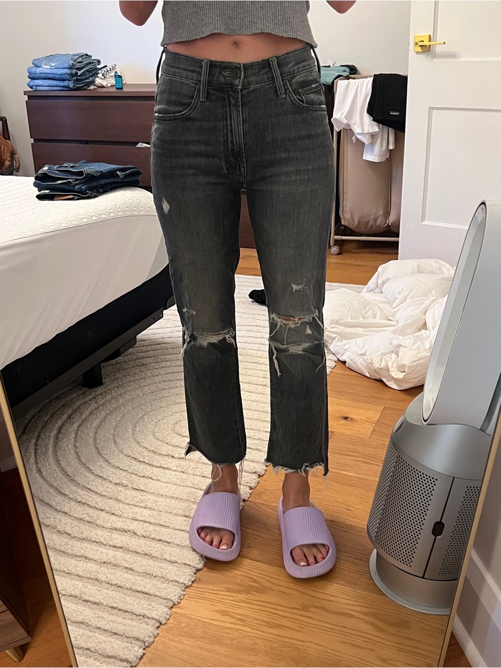 MOTHER Black Distressed Cropped Jeans